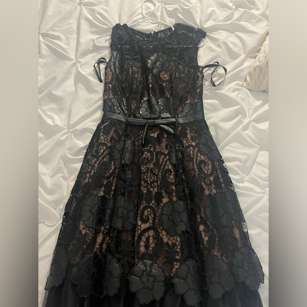 Jovani black lace and tulle midi dress